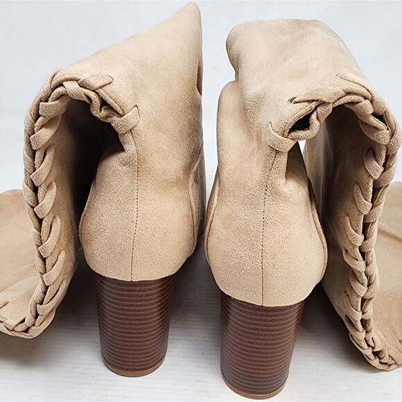 New Beige Pointed Toe Faux Suede Over the Knee High Boots Chunky Size 8.5 - Picture 9 of 13